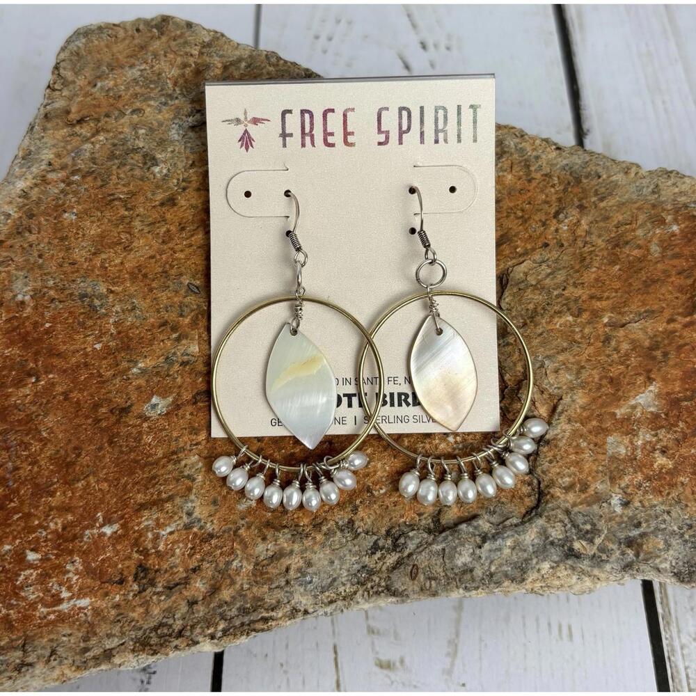 NEW Peyote Bird Sterling Brass Pearls MOP Hoop Earrings‎ J065